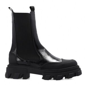 Ganni Cleated Mid Chelsea Boots in Black Patent
